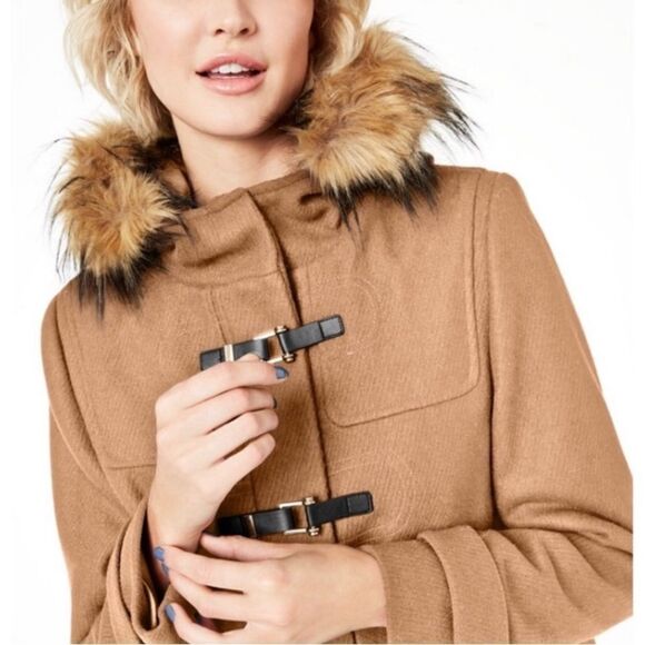 COLE HAAN | Wool Walker Coat Duffle Toggle Front Faux Fur Hood Size 10 - Picture 4 of 16